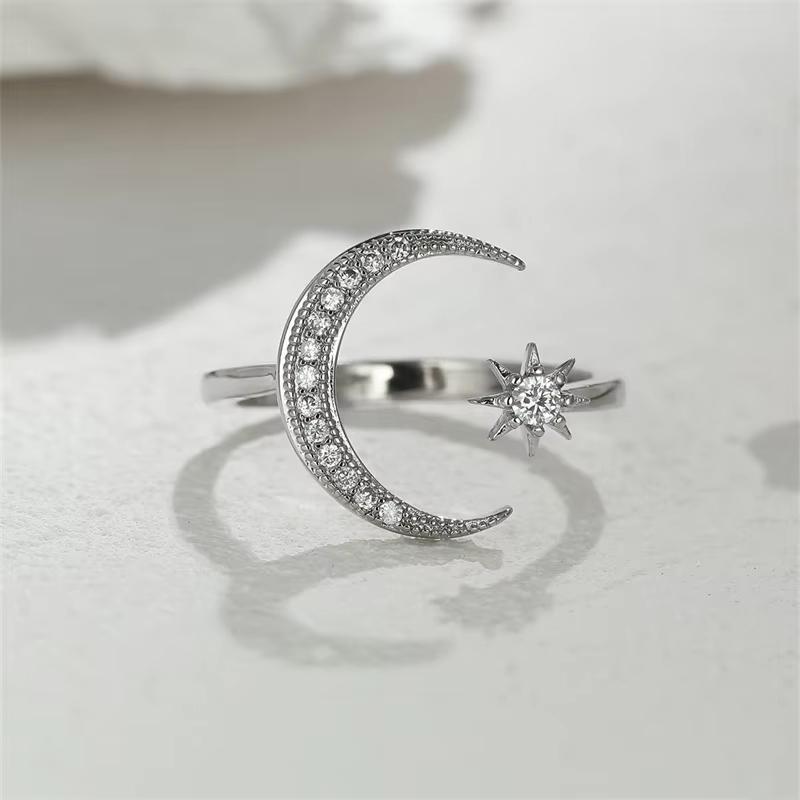Huajie Charming Women's Dainty Shining Zirconia Moon Star Design Opening Rings Simple Casual Party Gift New Ring Tide