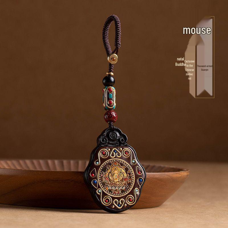 Ebony Nepal Eight Guardian Gods Keychain Pendant - Retro Buddha Jewelry Gift for Men and Women