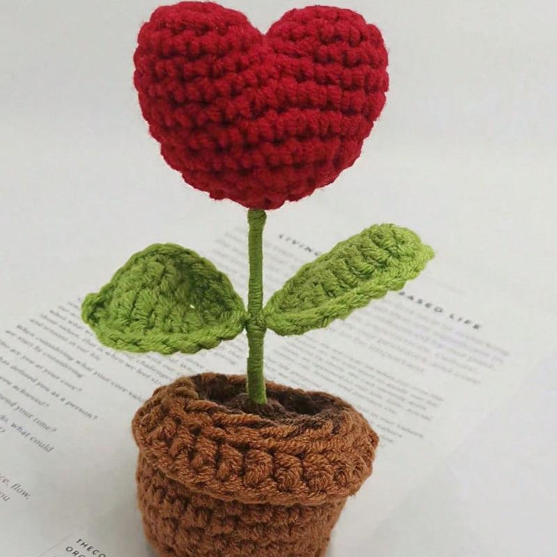 1. Crochet Heart Potted Plant Knitted Love Flower Desktop Decor Handmade Cute Gift Ornament