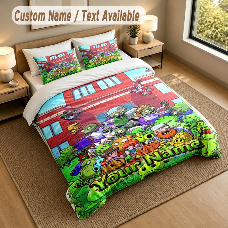 Custom Name Text Bedding 3Pcs Set,Plants Vs. Zombies 1 Duvet Cover 2 Pillowcases Soft Bed Linen For Gift