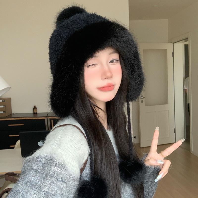 Korean Versatile Big Head Circumference Plus Velvet Thickened Warm Hat In ColdSeason Cute Fur Ball Bag Head Hat Windproof Ear Protection Hat Women