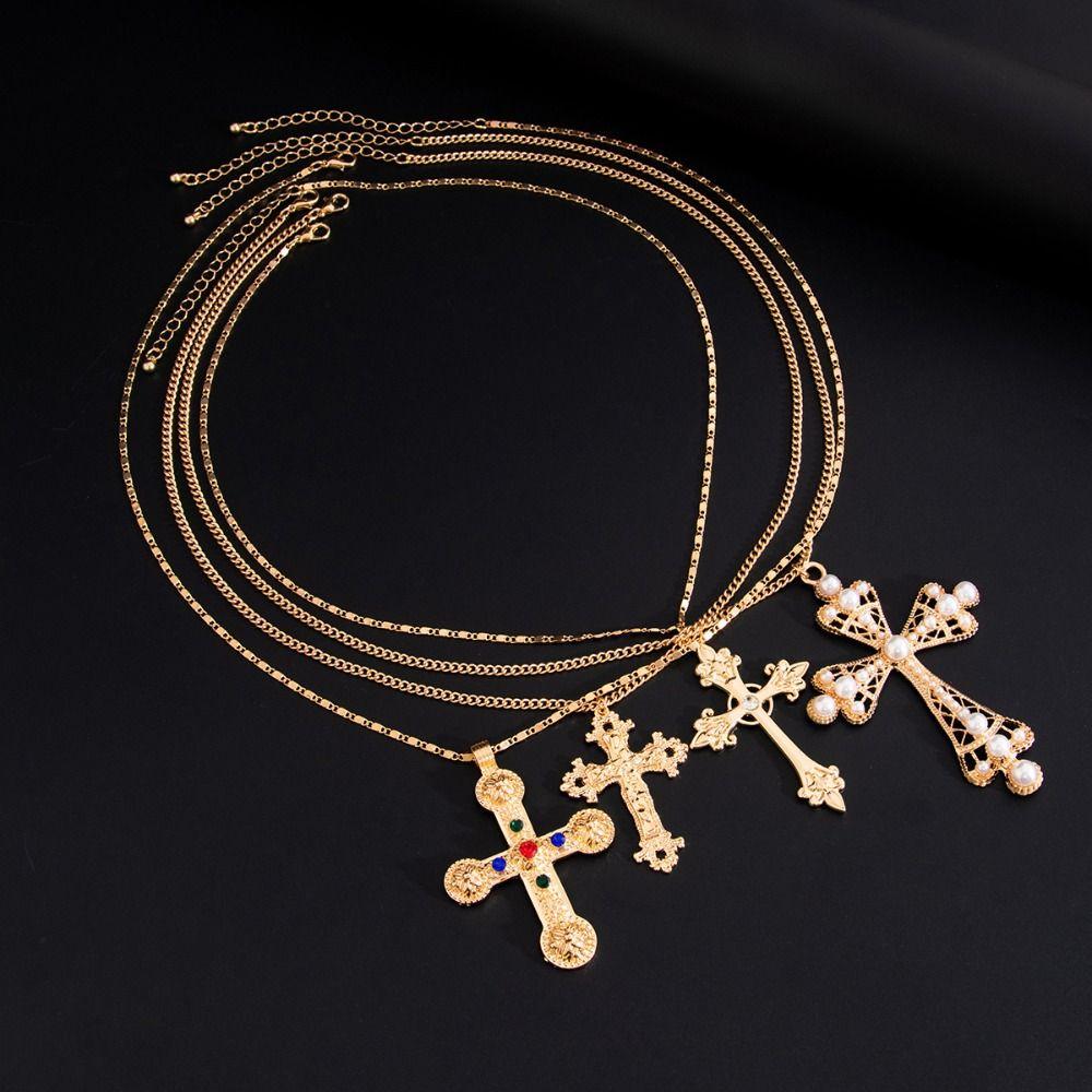 Pearl Men Necklace Ethnic Style Rhinestone Necklace Unique Cross Pendant Necklace  Gift