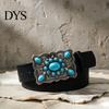 Kék Türkiz Övcsat Western Retro Design Patinázott Ezüst Műbőr Széles Navajo Etnikai Stílusú Öv