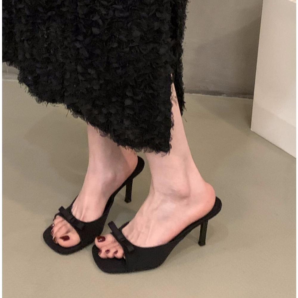 New Women's Slipper Mules Low High Heels Shoes Summer Best Street Look Females Square Head Open Toe Bow Strappy Sandals