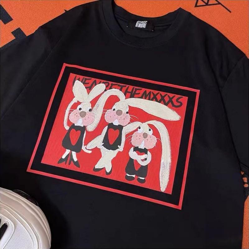 Black Cotton Short-sleeved T-shirt for Women In Summer New Loose and Fashionable Age-reducing Cartoon Rabbit Top