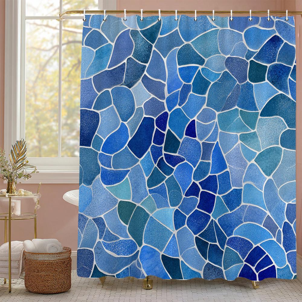 Modern Creative Geometric Pattern Blue Shower Curtain, Bathroom Decorative Shower Curtain, Waterproof Shower Curtain with Hooks