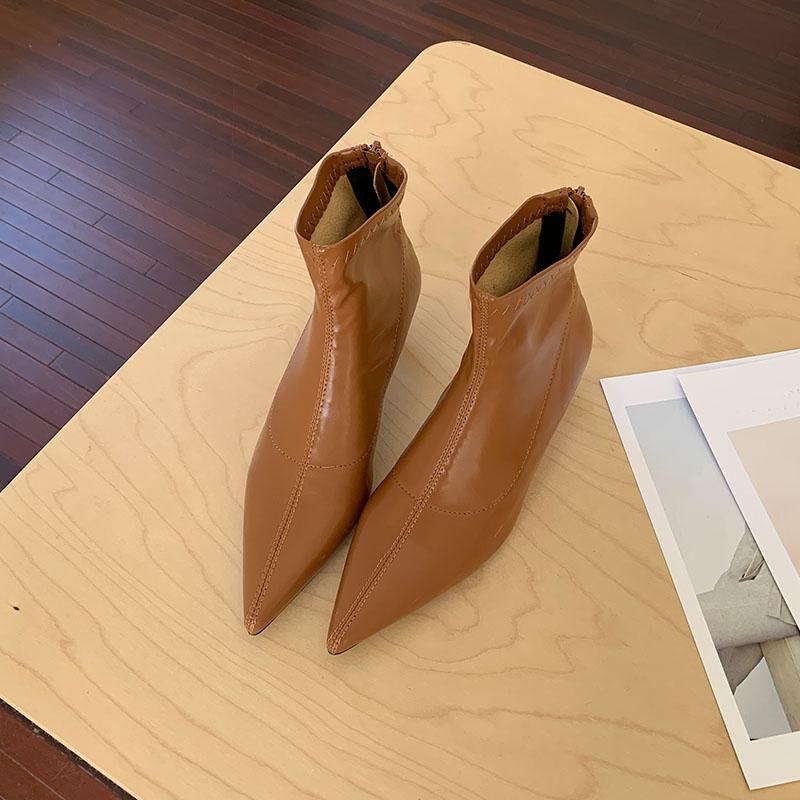 Módní Dámské Moderní Dámské Kotníkové Boty s Nízkým Podpatkem Boty Módní Špičaté Dámské Strečové Krátké Boty Zipy Boty Lodičky