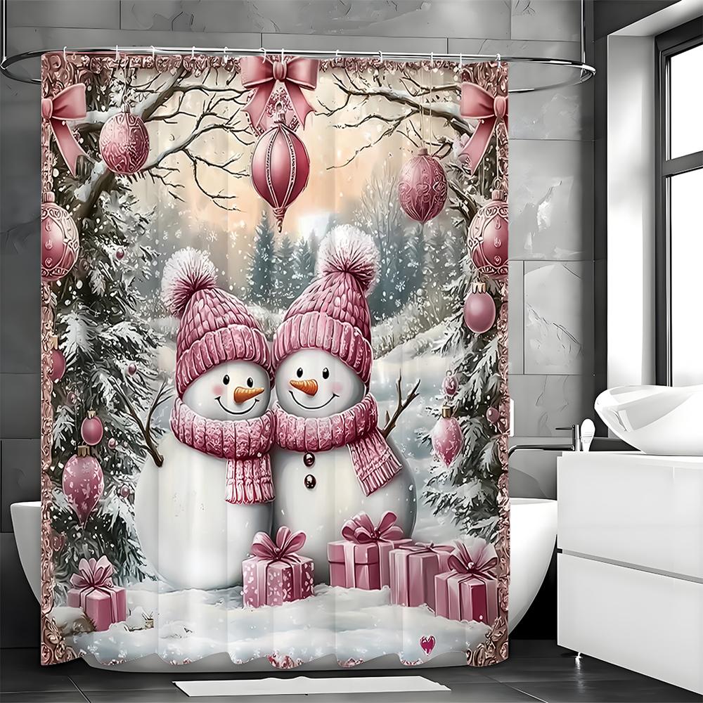 Christmas Pink Snowman Lighted Tree Shower Curtain, Bathroom Decorative Shower Curtain, Waterproof Shower Curtain with Hooks