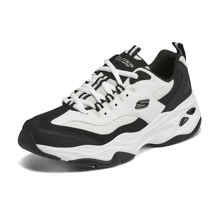 Skechers DLites Fabric Synthetic Leather Round Toe Lace-Up Low Top Dad Shoes Men Sneakers White Black 237226-WBK