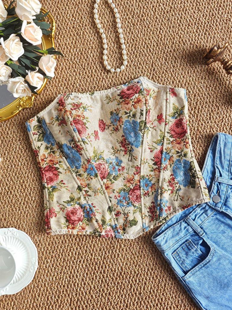 Summer Retro Floral Print Bandeau Top - Fishbone Style