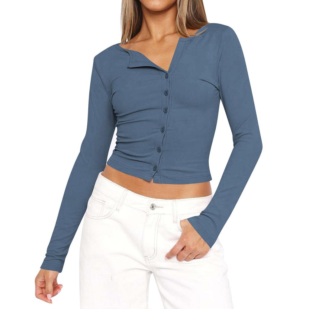 Women's Fashion Sexy Button Cardigan Top Solid Color Slim Fit Long Sleeve T-shirt
