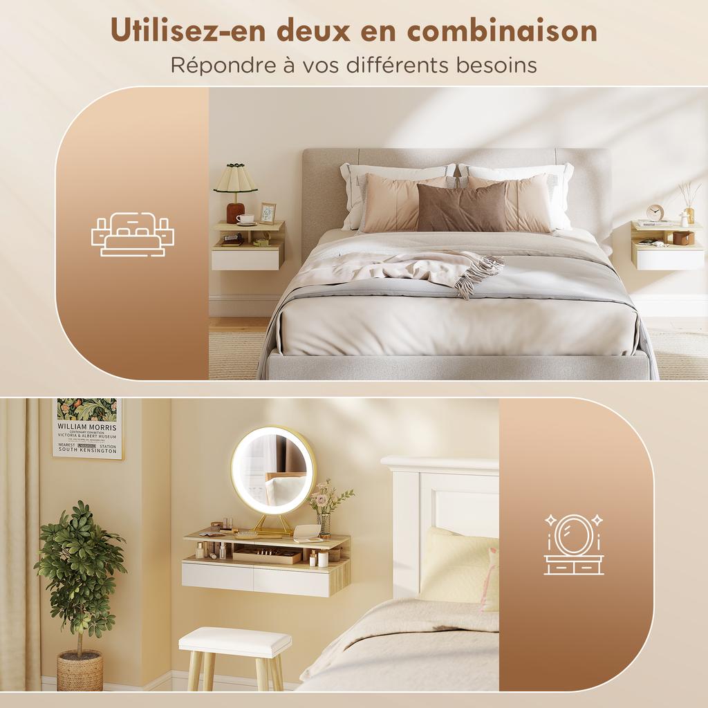 Set di 2 comodini da parete, comodini sospesi con cassetto, mensola aperta, 35x32x22,5 cm, bianco e rovere