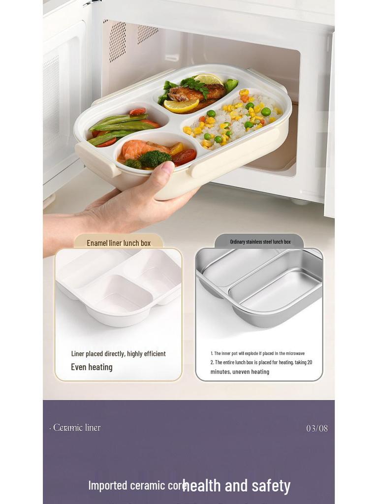 Insulated Ceramic & Stainless Steel Bento Box: Microwave-Friendly Lunch Box for Office & School, Divided for Easy Meal Storage.
