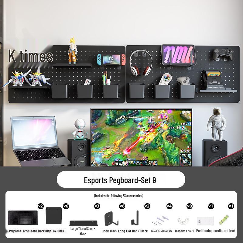 Esports Gaming Desk with Pegboard Wall Organizer and Equipment Rack
