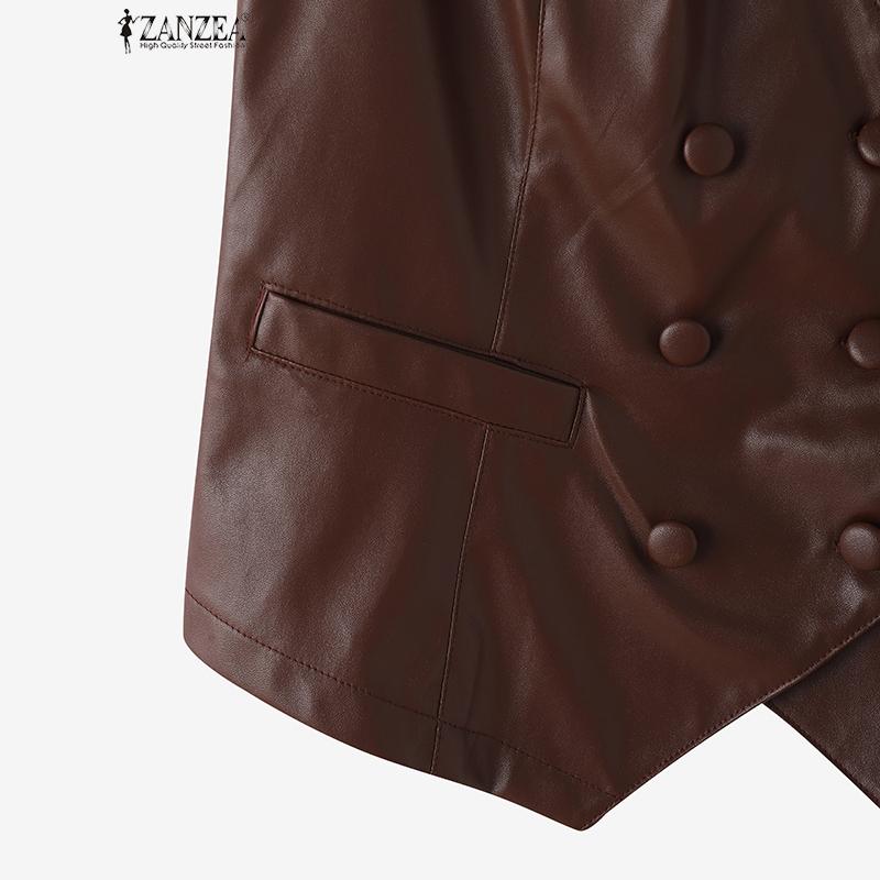 ZANZEA Damski casualowy kardigan bez rękawów z dekoltem w serek ze sztucznej skóry PU