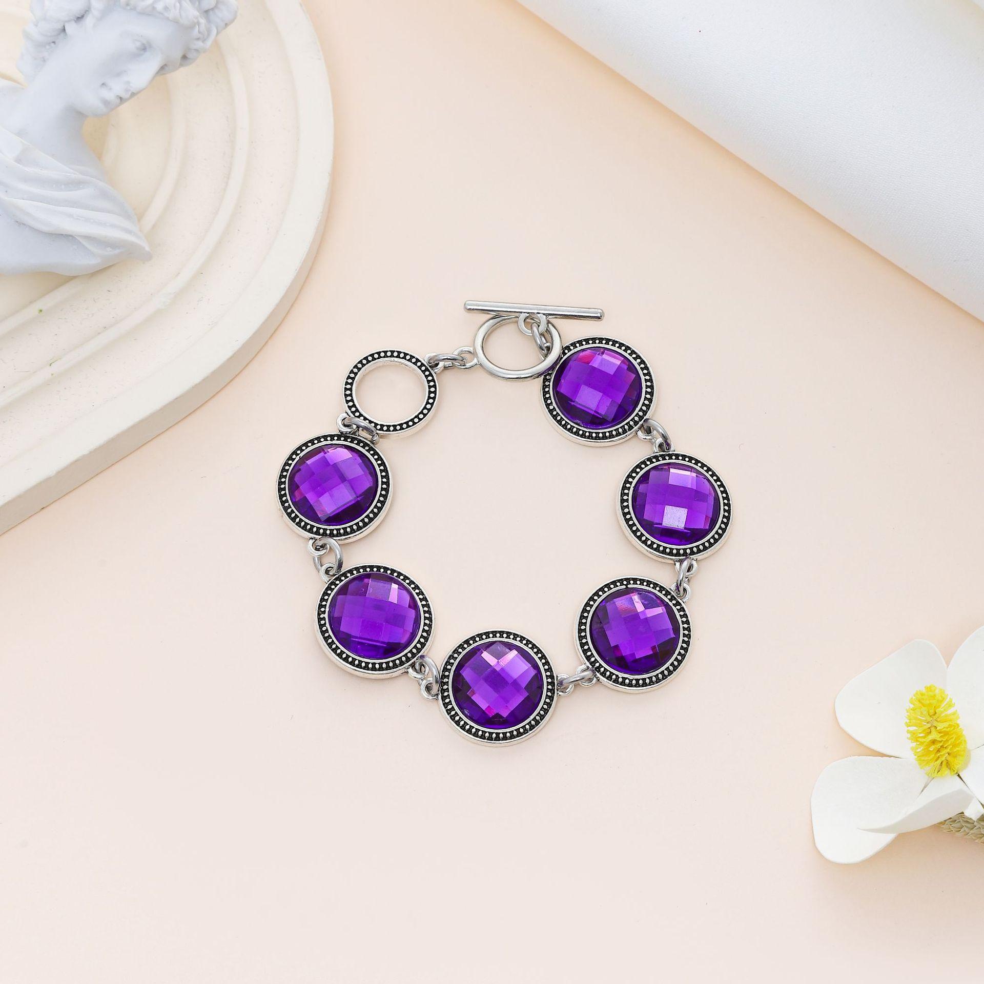 

Свіжий круглий геометричний браслет із зеленого каменю з простим і елегантним темпераментом, барвистим ретро-браслетом із бісерного мистецтва 20.5cm фіолетовий