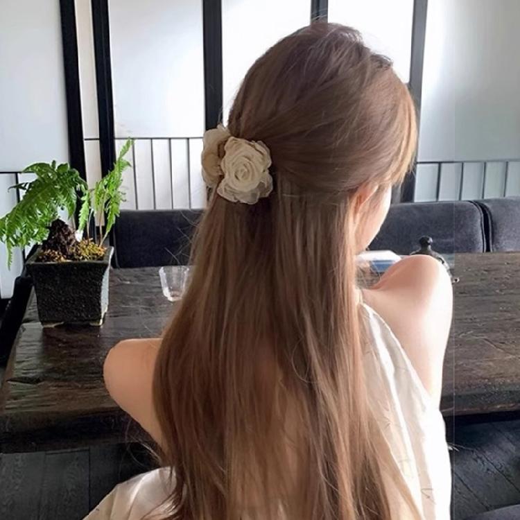 Contemporary Camellia Design Hair Claw Clip Practical Strong Grip Hairpin With Tulle Flower Embellishment
