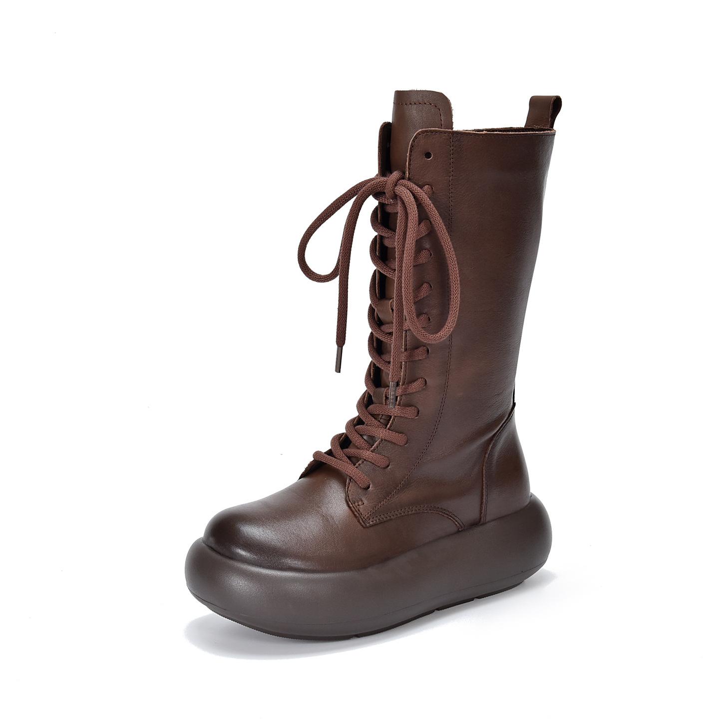 

Johnature Genuine Leather Round Toe Thick Soled Mid-calf Boots Retro Lace Up Side Zipper Versatile Women s Boots 40 коричневый