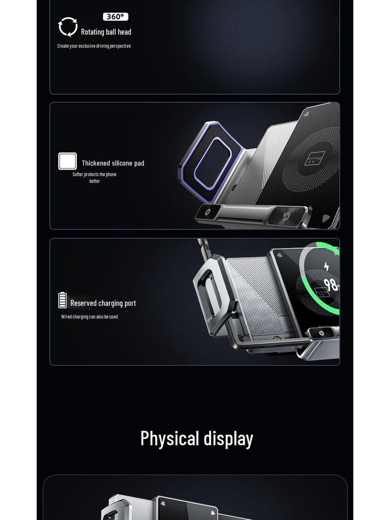 Electric Foldable Phone Holder with Wireless Charging & Clamping Arm for Horizontal/Vertical Car Mounting