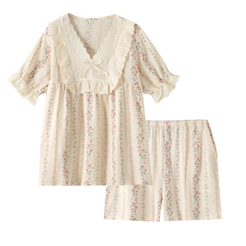 Japanese pastoral floral pajamas women's spring and summer cotton crepe short-sleeved shorts thin lace loungewear pajamas