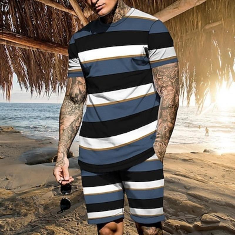 

Мужские футболки, костюмы из 2 предметов, футболки, шорты, короткий рукав, круглый вырез, летние полосы, мода, повседневная одежда для отпуска, повседневная одежда для выхода в свет 5XL