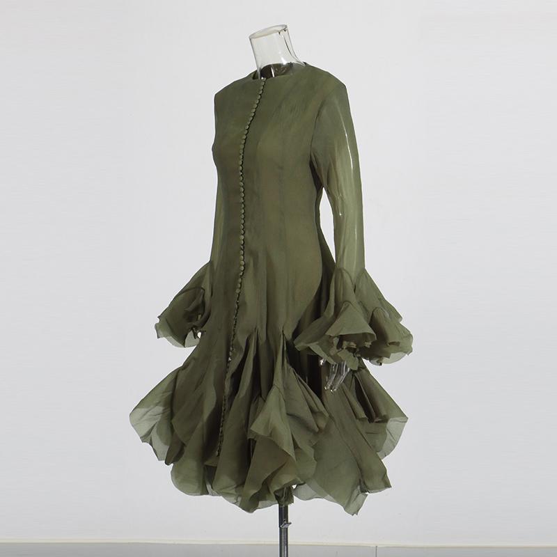 Solid Spliced Button Slimming Dresses for Women O Neck Long Sleeve High Waist Patchwork Ruffles Female Fashion New