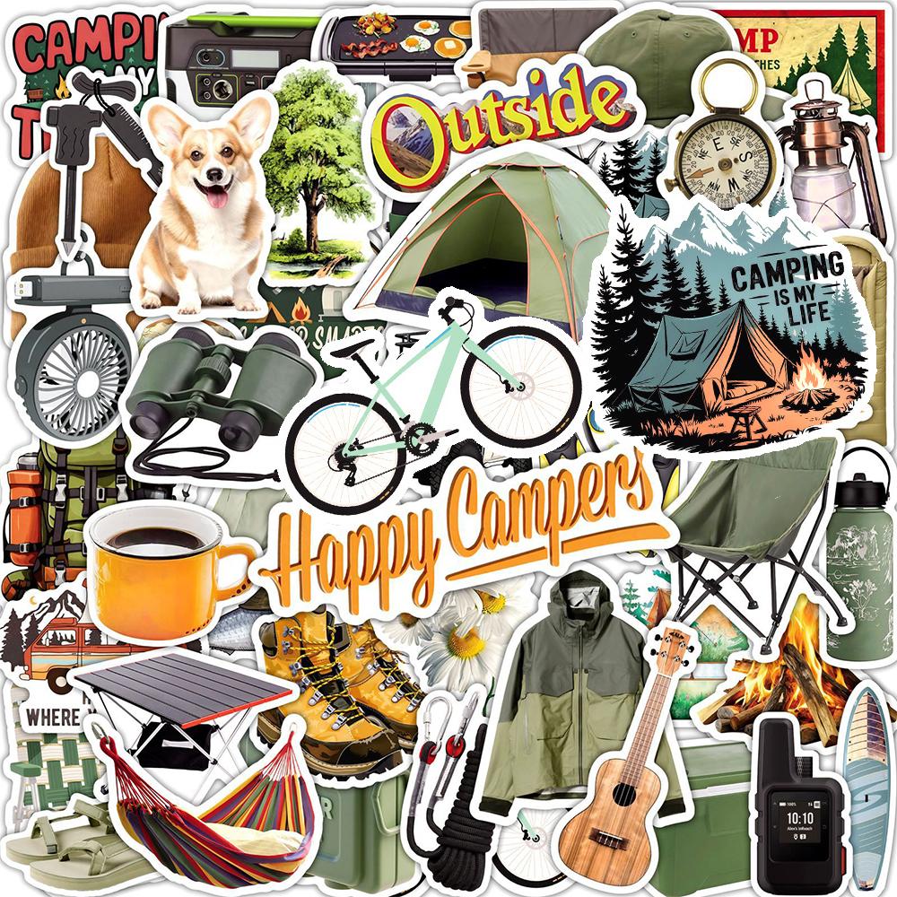10/30/50pcs Happy Outdoor Camping Travel Stickers Funny Cartoon Hiking Adventure Decals Laptop Phone Water Bottle Sticker Decor