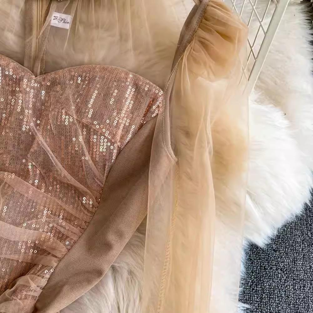 2025 neue Frühjahr Sommer Frauen High-End-Party Mode O Neck Shiny Diamanten Langarm Schlank Lange Party Casual Kleider