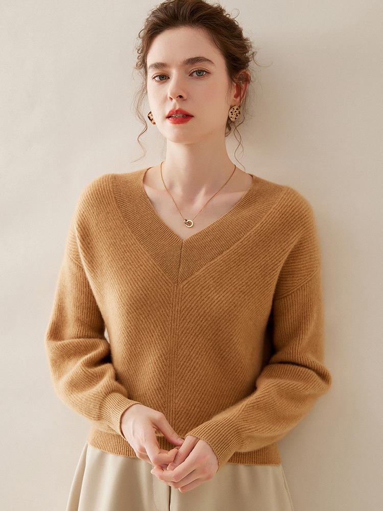 Women's V-neck Pure Cashmere Ribbed Stitch Loose Sweater - Autumn/Winter Thick, Skin-friendly Base Layer