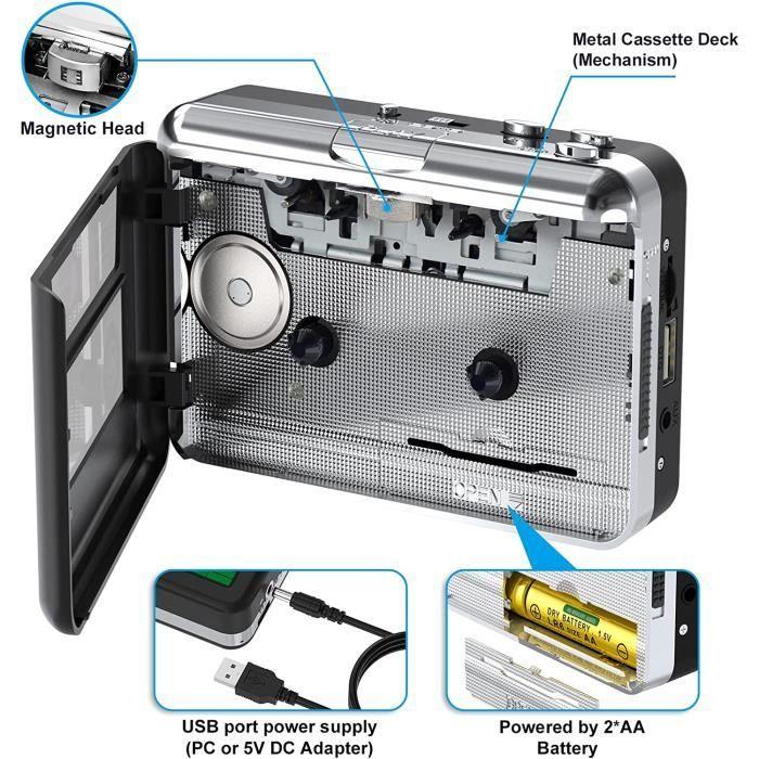 Lecteur de Cassette USB convertisseur de Bande en MP3, Lecteur de Musique Audio Portable Walkman Convertisseur de Cassette en M A2