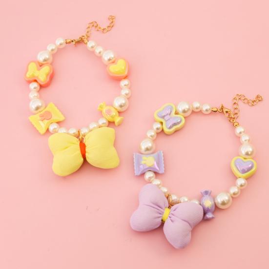 Faux Pearl Pet Collar Adjustable Cat Necklace with Candy Bow Decor for Puppy Kitten Wedding Party Accessories