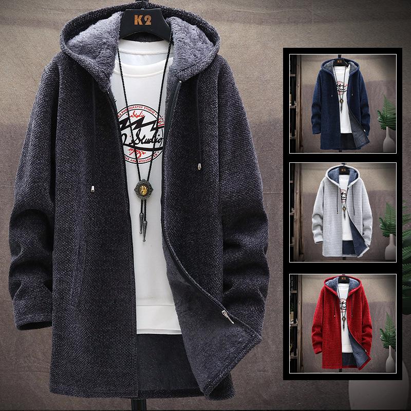 Men's Jacket Winter Printed Plush Lined Thickened Windproof Jacket Long Sleeve Zip Fashion Hooded Sweater