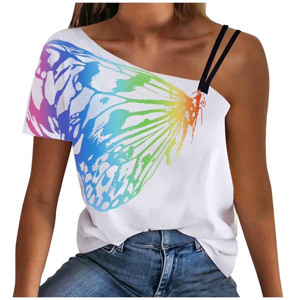 Women Summer Casual Printing Cold Shoulder Short Sleeve Tunic Shirt Tops Blouse