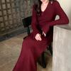 Temperament Autumn and winter Slim-fitting and thin waist-bottomed knitted dress V-neck with coat New sweater dress