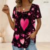 Women Plus Size Short Sleeve U Neck T Shirt Pink Heart Flower Star Dark Background Print Top