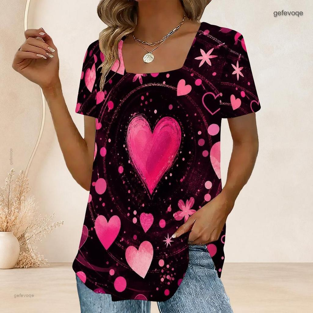 Women Plus Size Short Sleeve U Neck T Shirt Pink Heart Flower Star Dark Background Print Top