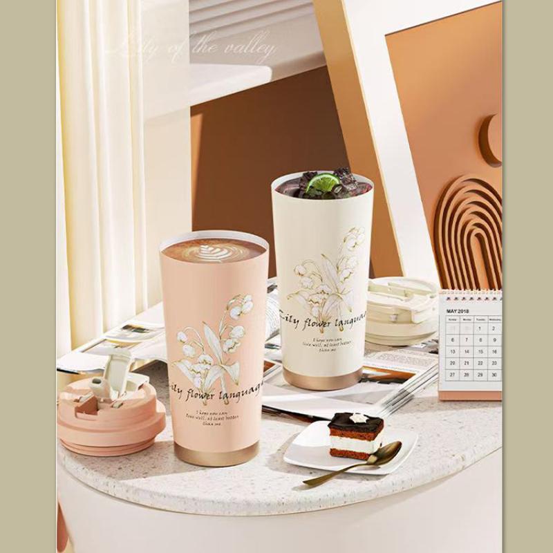 316 Stain Steel Thermos Cups 500ml Coffee Mug with Spoon Set of 3, Floral Ceramic Mug Gift Box for Birthday Wedding Christmas Valentine's Day