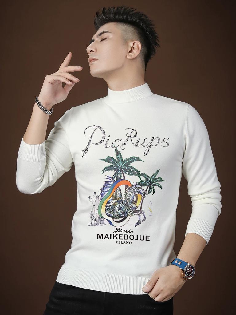 European Trendy Brand Half-Turtleneck Sweater for Men 2025 New Autumn Men's High-End Letter Print Knitted Base Shirt