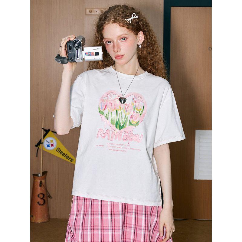 Coolhut Tulip Print Casual Loose Pink Sweet Girly Style 2025 Summer Women's Short-Sleeved T-Shirt