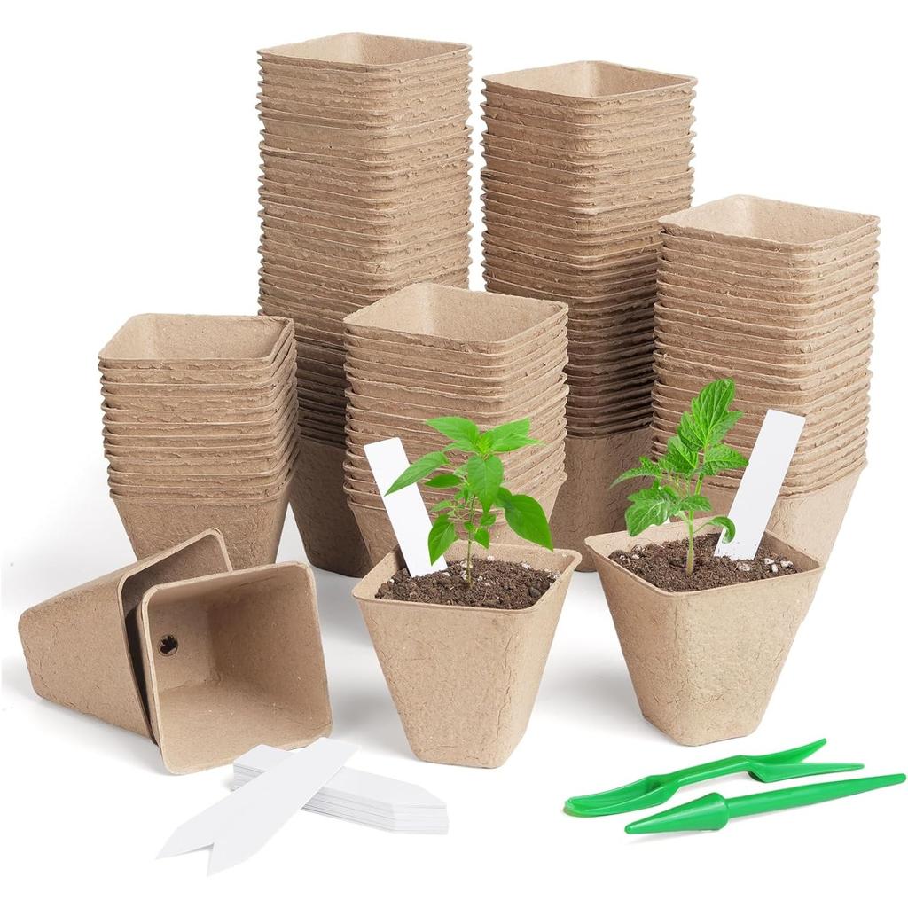 Square Peat Nursery Pots 150 Pcs 3in Biodegradable and Label, Used for Outdoor Gardens In Plant Nurseries