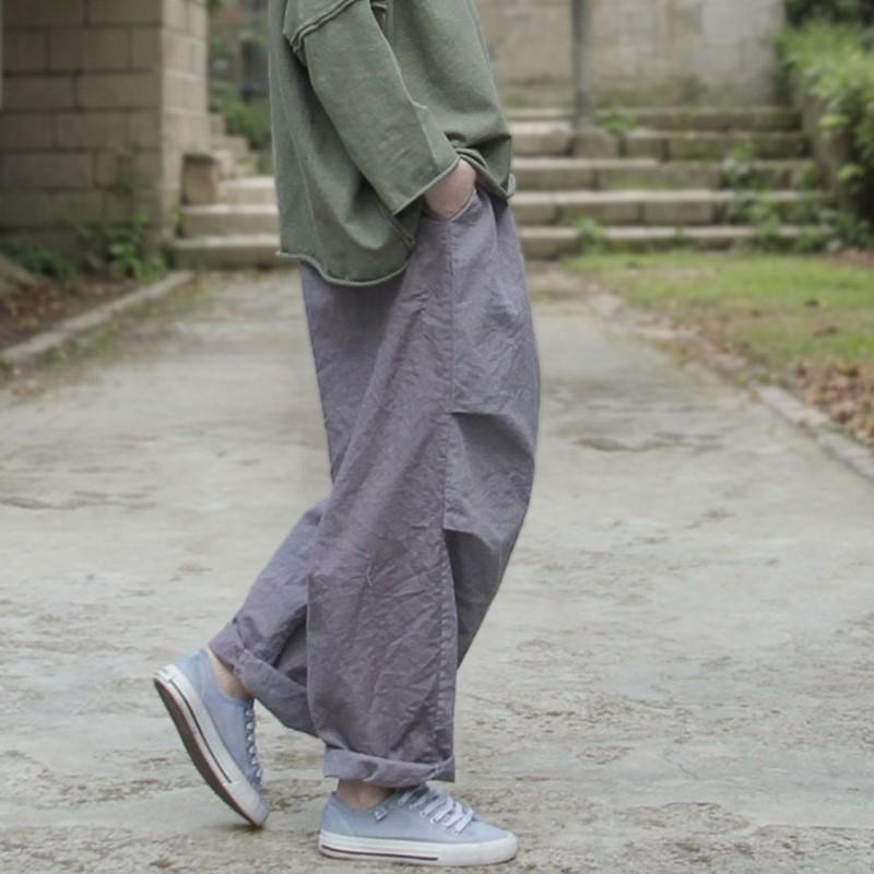 Johnature Women Vintage Wide Leg Pants Fold Elastic Waist Trousers Spring Solid Color Loose Pockets Pants