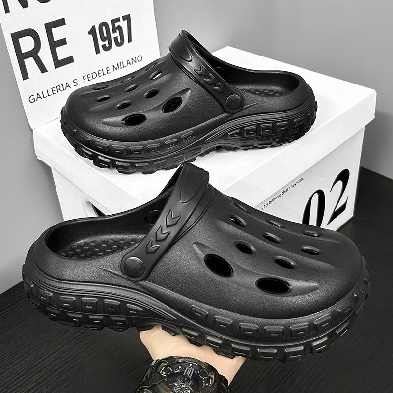 

Thick-soled hole shoes men s summer wear non-slip beach cool slippers casual breathable soft-soled EVA bag head slippers 36-37 чорний