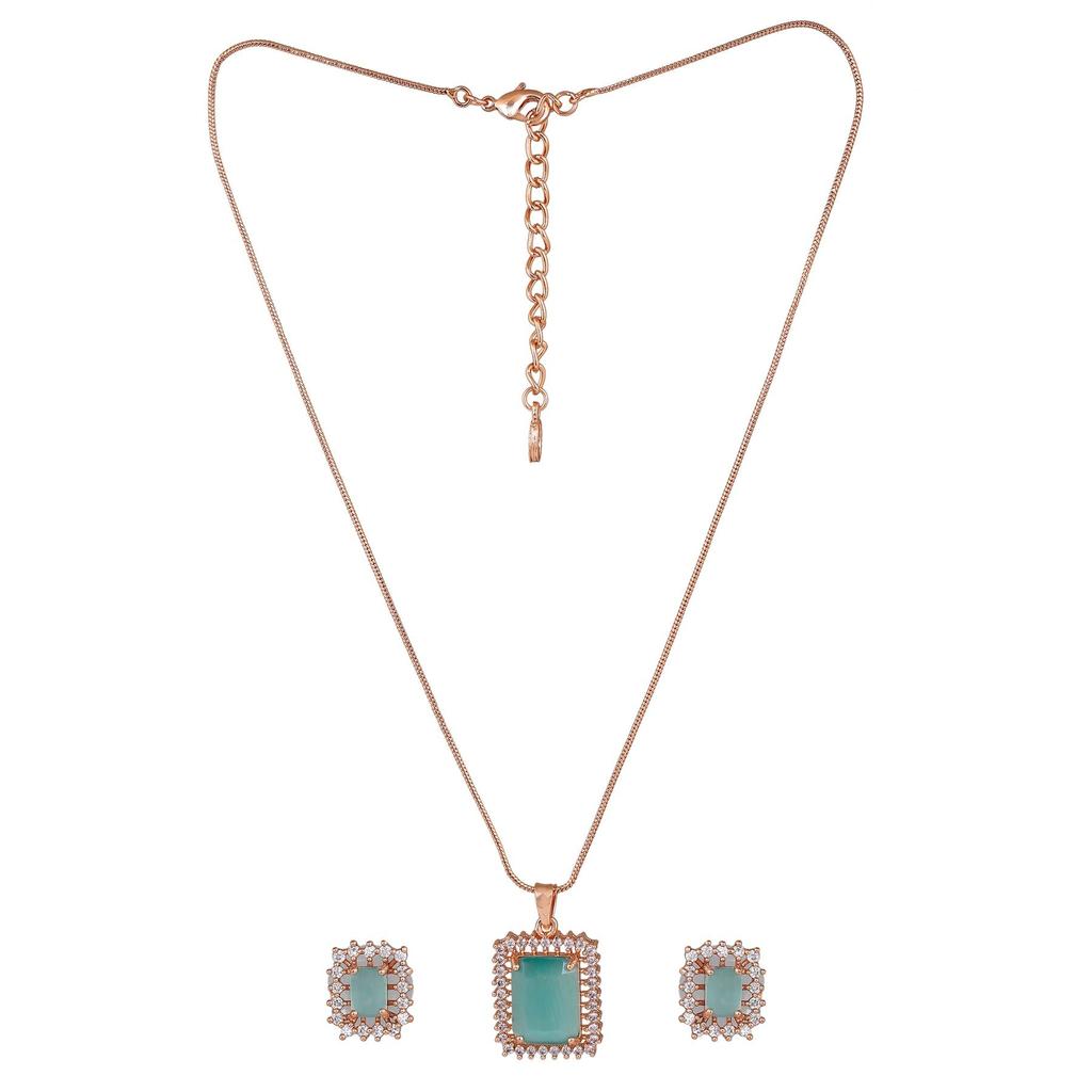 Estele Rose Gold Plated Mint Green Stones Square Designer Pendant For Women