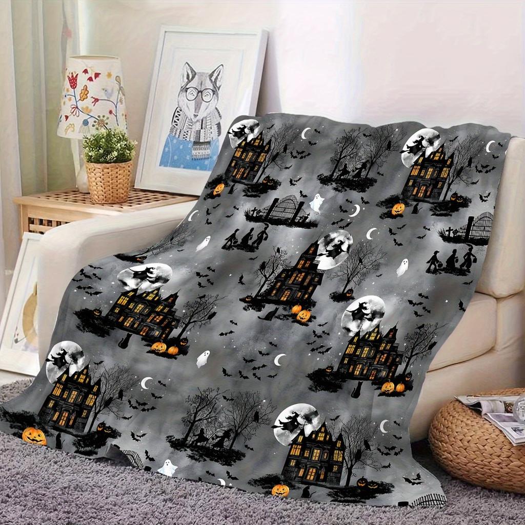 1pc Grey Halloween Blanket Ghost Castle Printed Skin-Friendly Soft Blanket Washable 2025 New for Home Sofa Halloween Decoration