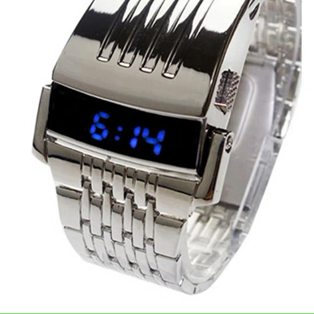 Ceas de mână pentru bărbați, model LED, curea din oțel inoxidabil, digital, cu afișaj albastru, sport, vintage, retro, casual, cadou