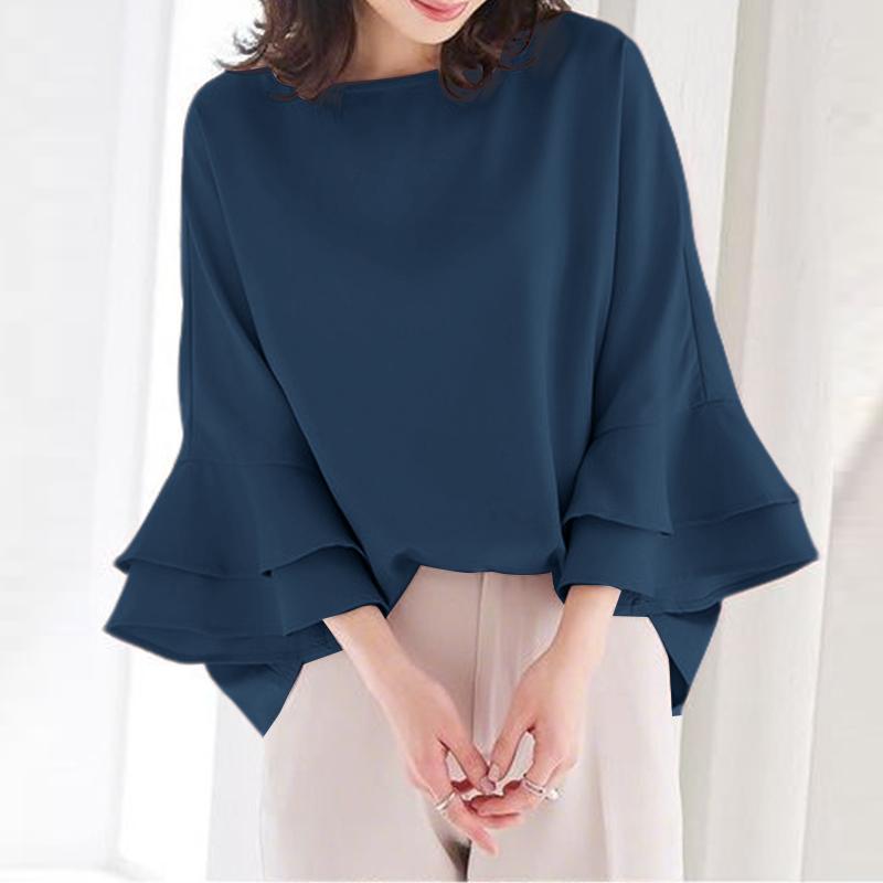 

ZANZEA Женская свободная блузка с круглым вырезом и рукавами-фонариками в повседневном стиле 3XL темно-синий