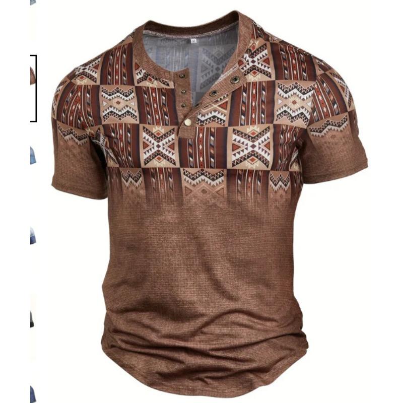 European and American semi-cardigan, casual short-sleeved digital printing slim-fit pullover Henry T-shirt top men's clothing
