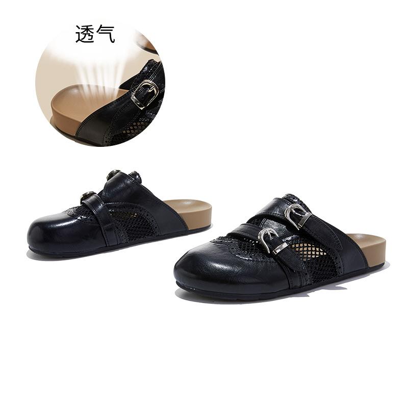 Baotou slippers women s summer outer wear summer new flat bottom hollow breathable seaside sandals casual versatile half drag 35 чёрный