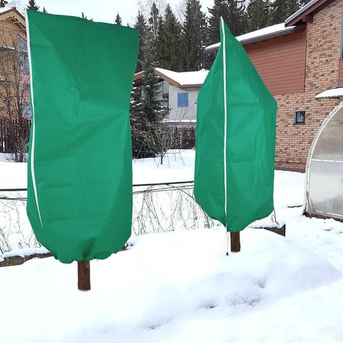 Large Plant Frost Protection Bags - Green PP Anti-Freeze Tree & Shrub Covers with Zipper and Drawstring for Outdoor Winter Weather Conditions