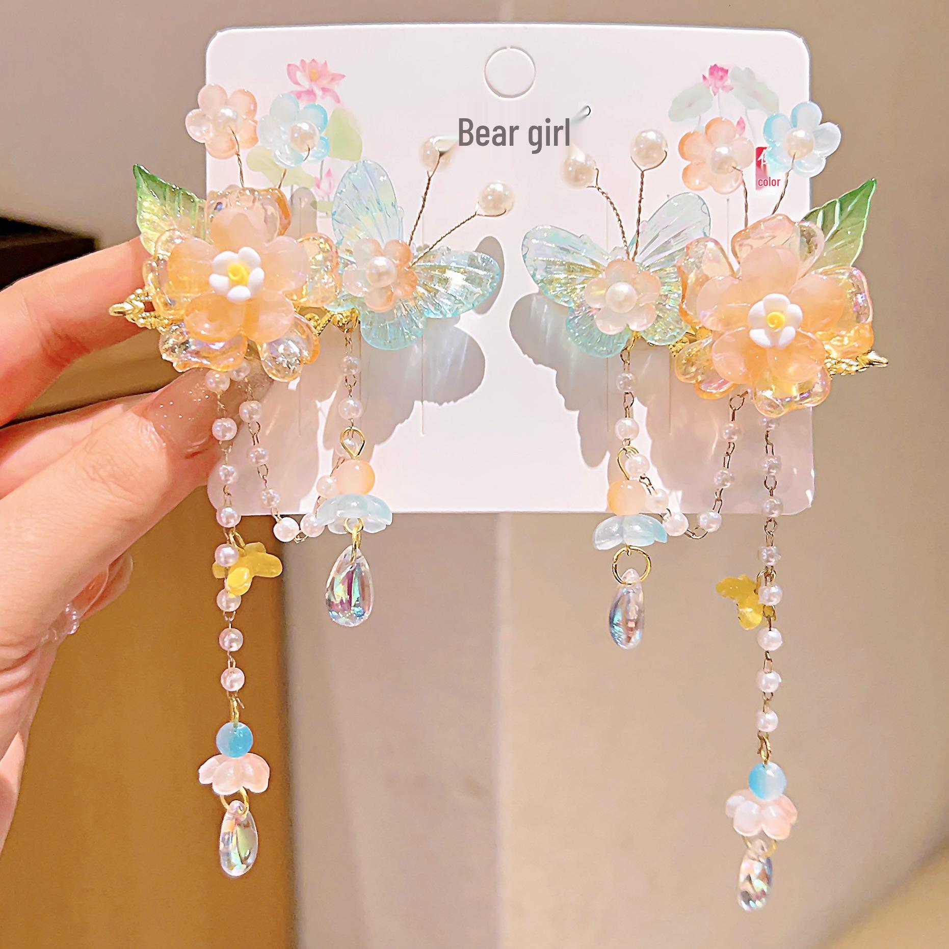 Girls  Chinese Tassel Hair Clip - Butterfly Hanfu Headdress for Princess Costumes